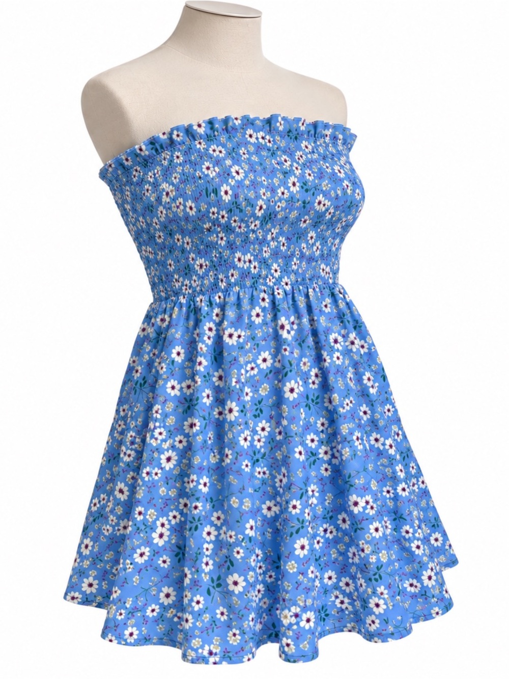 SHEIN Blue Floral Strapless Smocked Summer Dress